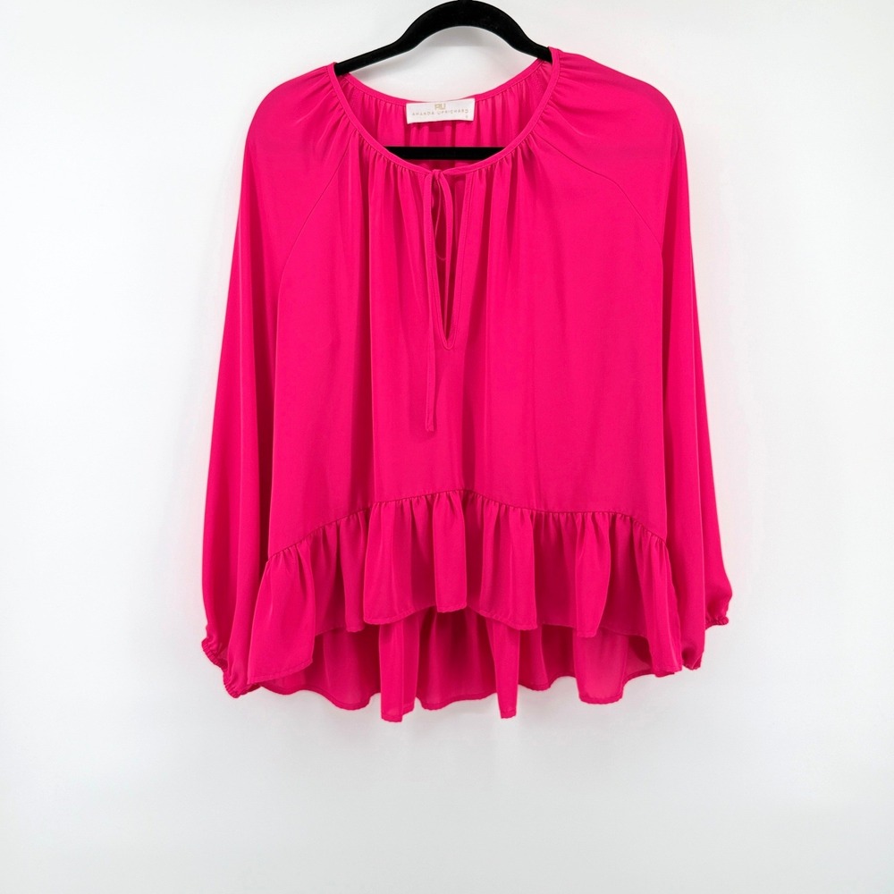Amanda Uprichard Blouse Ruffle Peplum M Pink Womens Keyhole Neck Barbiecore Top